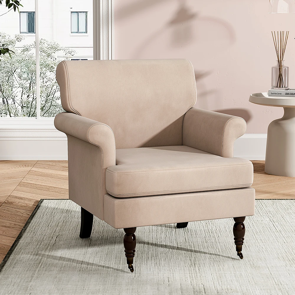 Contemporary Velvet Armchair with Wood Legs and Front Casters