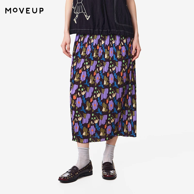 MOVEUP Casual Half Skirt 2026 Summer New Elastic Waist Contrasting Color Flower Print Pleated Over Knee Half Skirt 3ELX20606