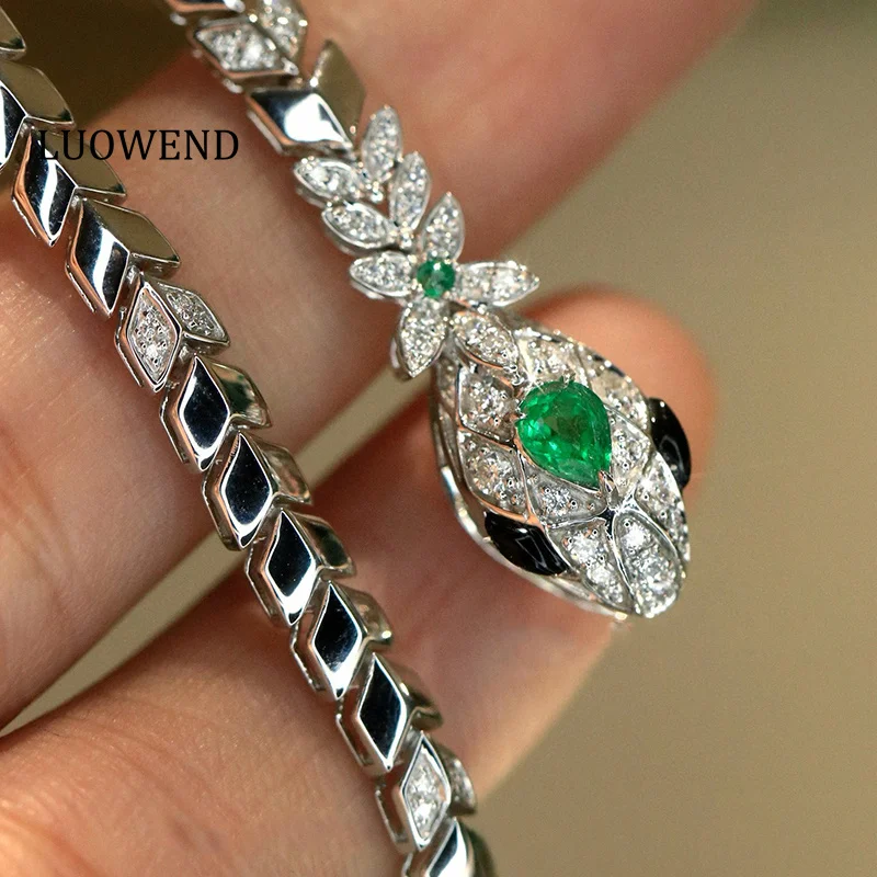 LUOWEND 100% 18K White Gold Necklace Luxury Design Shiny Diamond Natural Emerald Gemstone Necklace for Women High Party Jewelry