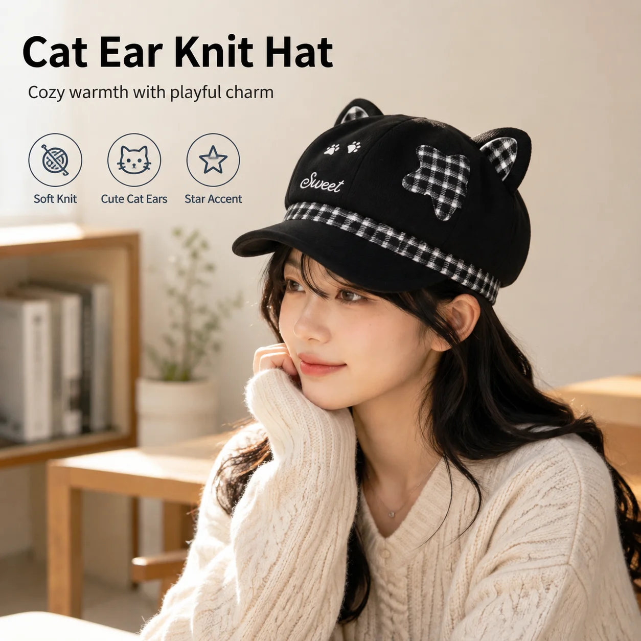 Knit Hat Soft Polyester Warm Beanie Star Cat Ear Design Face Framing for Winter Commuting Students Casual Daily Wear