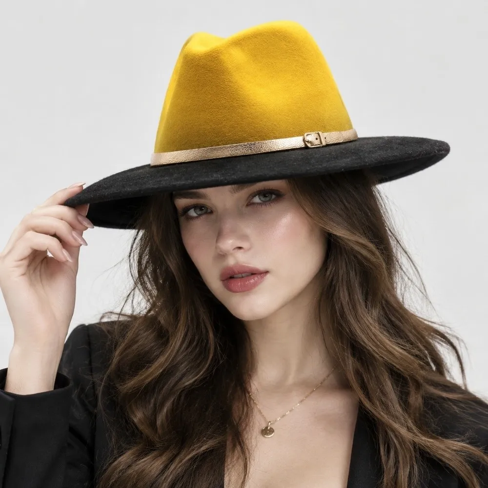 Wide Brim British Fedora Hat Gradient Color Gentleman Winter Woolen Hat Hip Hop Panama Cap Woolen Cowboy Hat Autumn and Winter