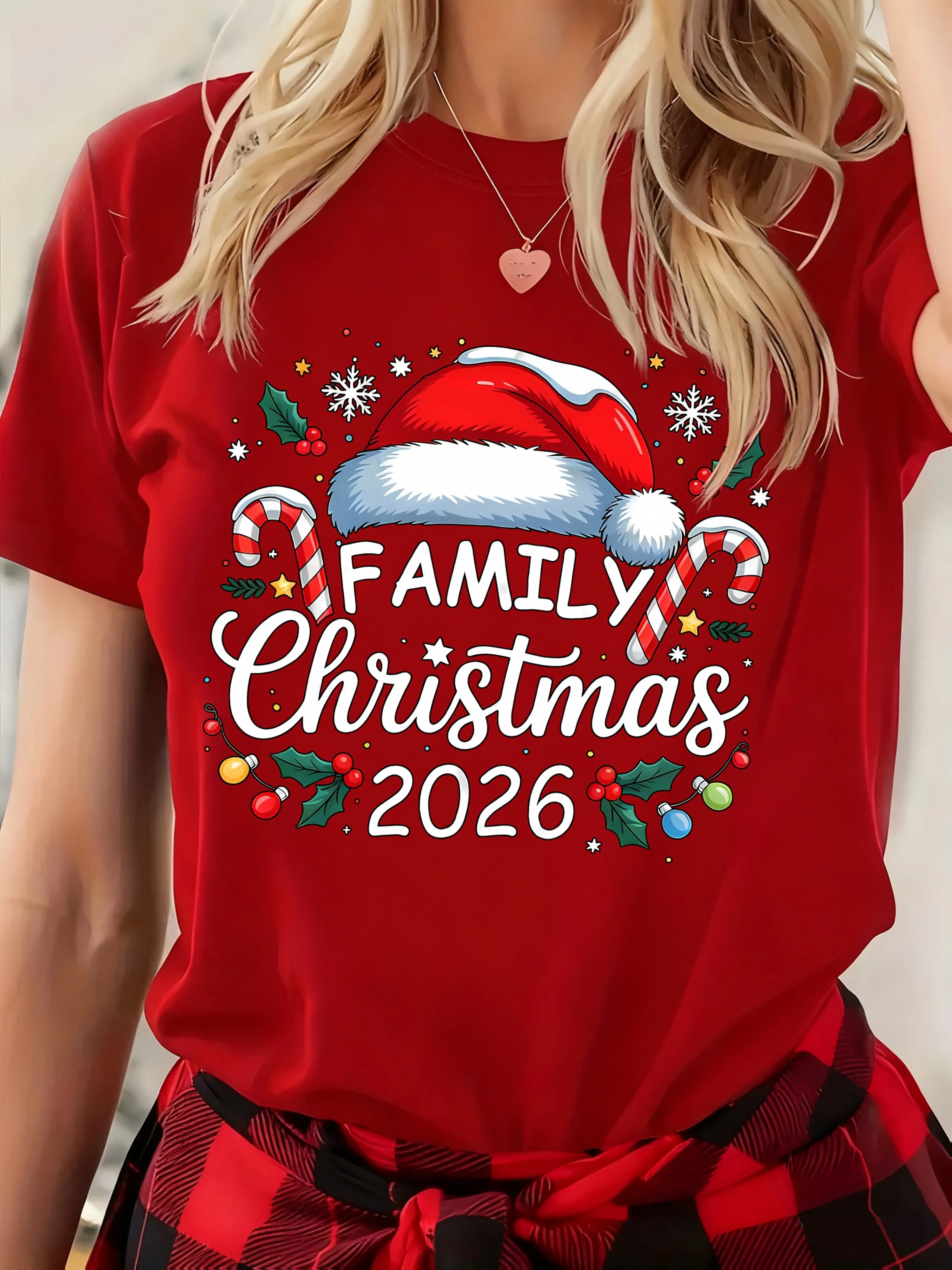 Women's 2026 Family Christmas Red Crew Neck Short Sleeve with Traditional Holiday Symbols (Stars Trees Bells) Aesthetic Clothes