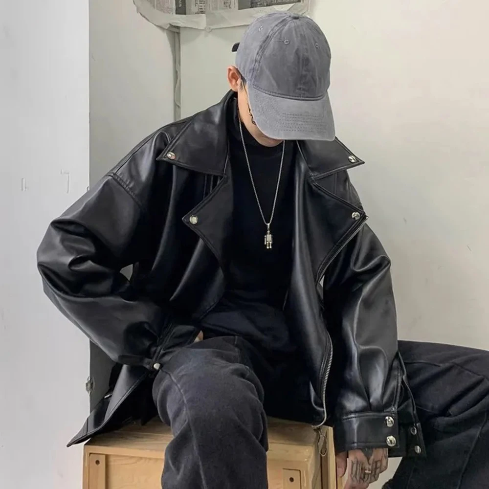 Mens Pu Leather Jacket Rivets Casual Pu Jacket Streetwear Fashion All-Match Youth Trend Campus Long-Sleeved Top Men'S Clothing