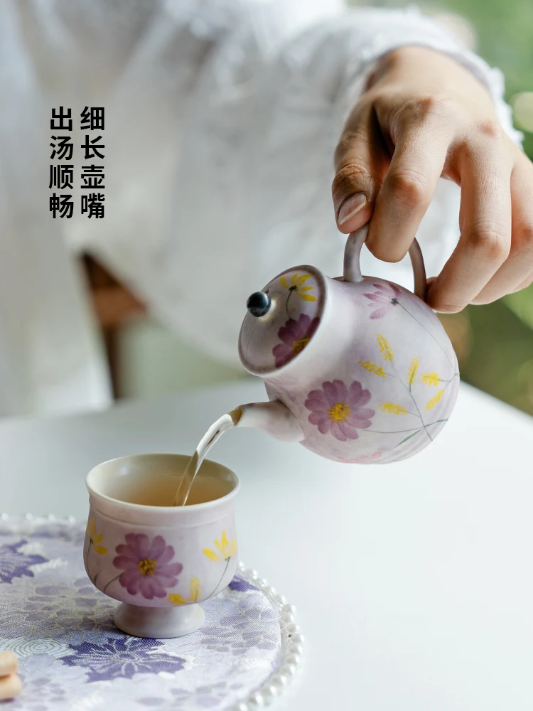 Good-looking Oil Painting Purple Pure Hand Painted Flowers Luye Little Teapot Household Ceramic Water Filtration Kettle Set