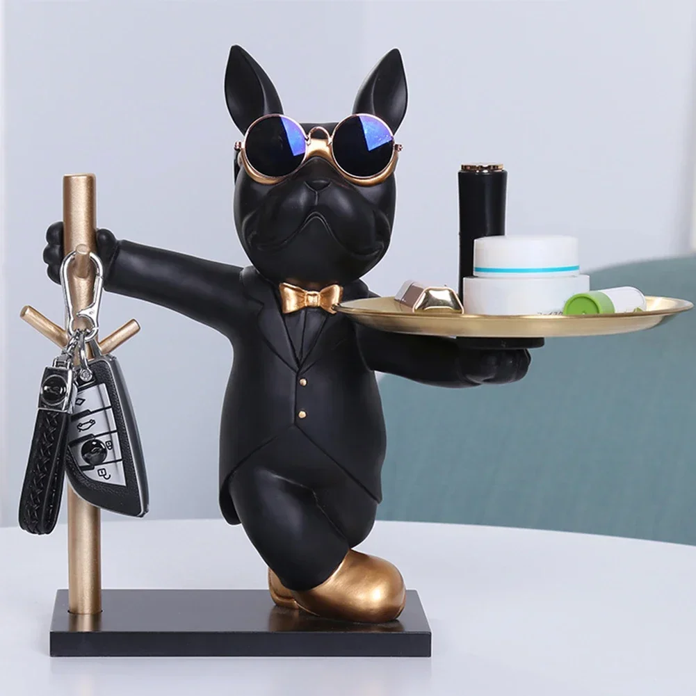 

French Bulldog Sculpture Dog Statue Decorative Figurine Storage Metal Tray Coin Piggy Bank Entrance Key Snack Holder