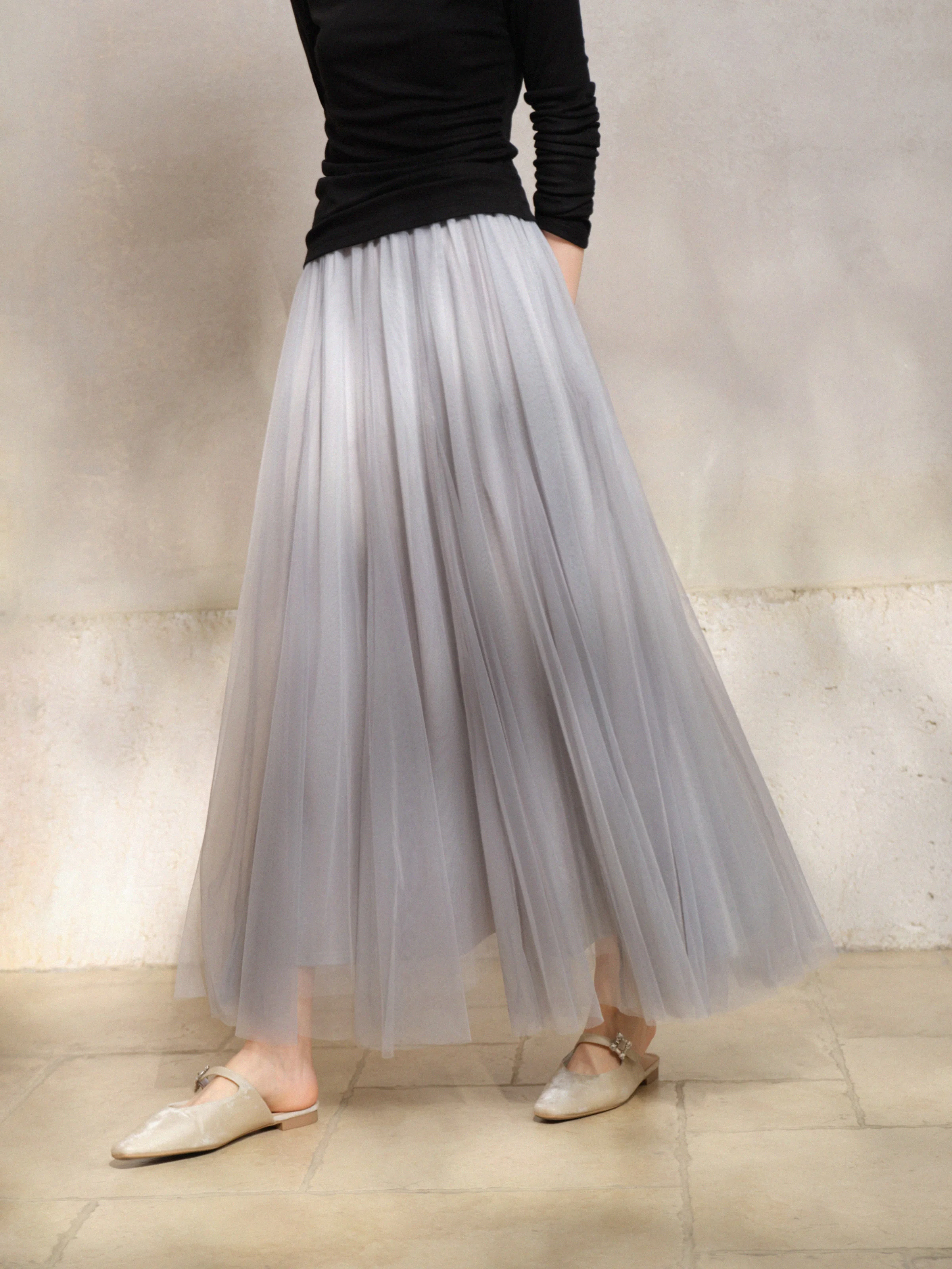 Falda elegante de malla de cintura alta, falda larga de tul Vintage para mujer, falda larga acampanada de otoño para aspecto informal diario o de fiesta