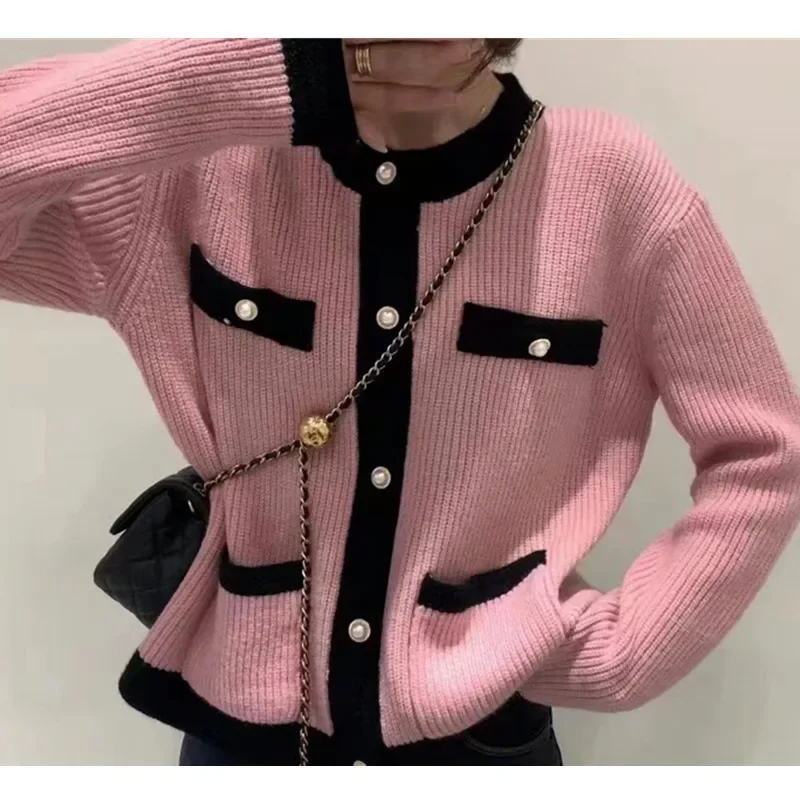 

Korean Sweaters O-Neck Pink Elegant Knitted Cardigan Patchwork Long Sleeve Casual Harajuku Short Tops Jacket Coat With Button