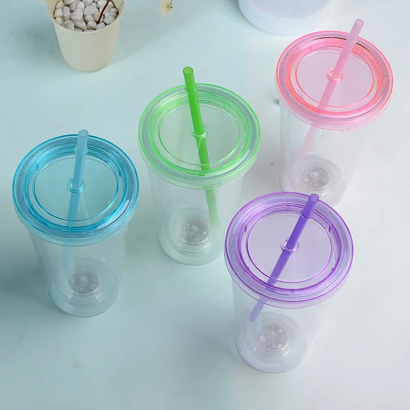 450ML With Lights Double Walled Plastic Cold Drink Juice Smoothie Tumbler Mug Cup With Straw Reusable Travel Water Bottle Iced