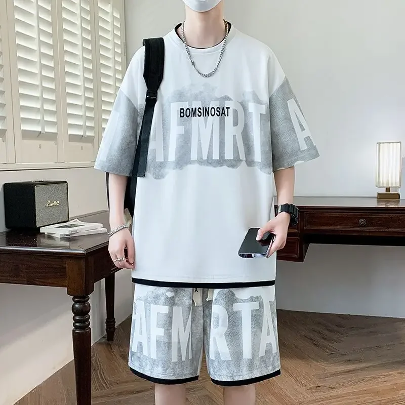 

Graphic T-shirts Shorts Suits for Men Print Alphabet Sports Nylon Trends Costumes Regular Fit Slim Trendy Two Piece Set Man Sets