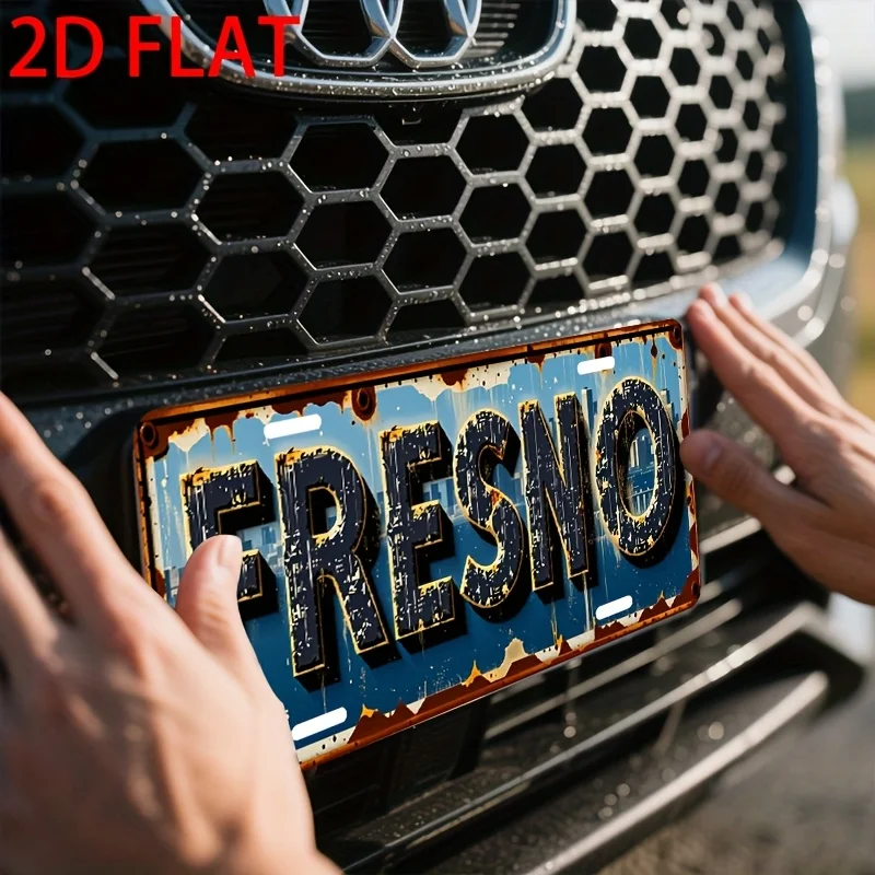 Placa de Alumínio Vintage Fresno 2D Plana para Decoração de Parede, Garagem, Bar, Man Cave e como Capa para Placa Frontal de Carro