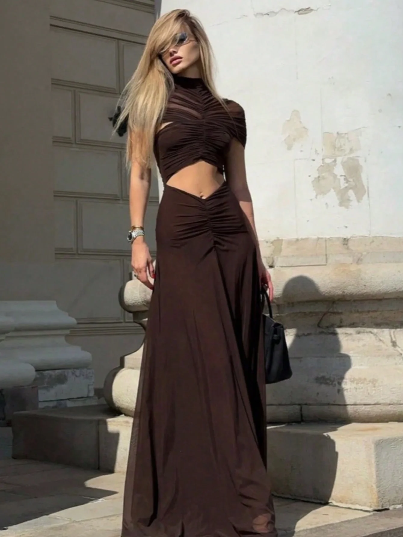 Damen Mode Maxi Langes Bodycon-Kleid Sommer Mesh Durchsichtiges Cut-Out-Kleid Elegantes Braunes Cocktail-Abendkleid Sexy Partykleid