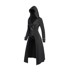 Fall New Punk Gothic Hooded Coat Plain Color Lace Up Zip Overcoat For Women Long Sleeve Trench Longline Outwear тренч женский