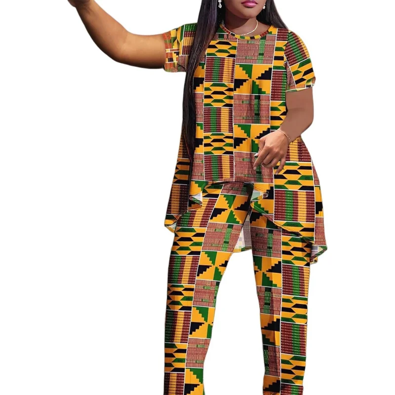 

African Print 2PC Set Short Sleeve Top with Wide Leg Pants Traditional Kente Pattern Plus Size Lounge sets for Women