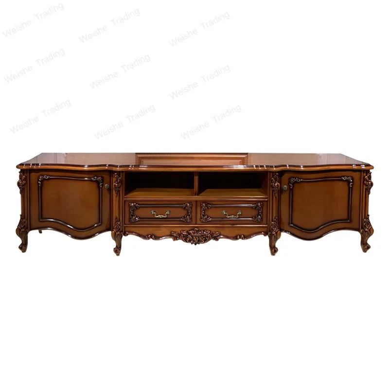 

European style all solid wood TV cabinet luxury villa dark piano paint American carved living room floor cabinet whole house
