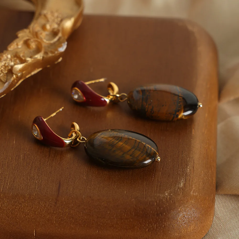 Multi Color Enamel Stainless Steel Dangle Earrings With Oval Natural Tiger Eye Stone Charm Stud Earring Ear Studs For Women