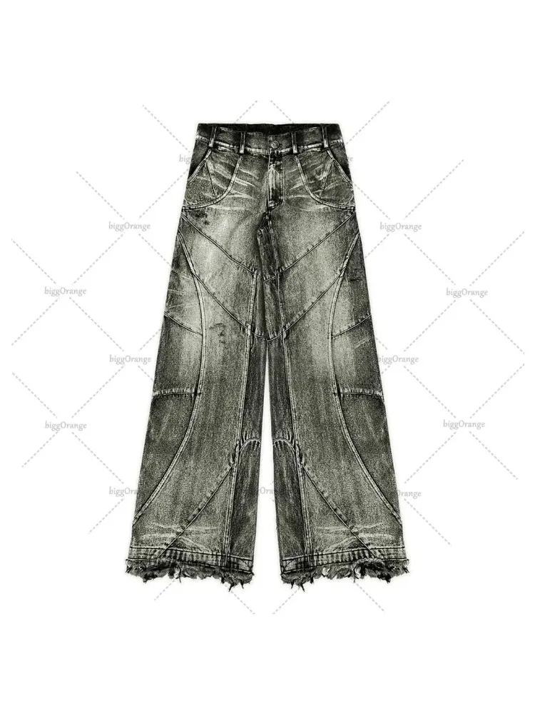 Y2k Fashion New American Tassel Black And Gray Washed Jeans Men Street Gothic Punk Style Teenagers Retro Loose Wide-leg Pants