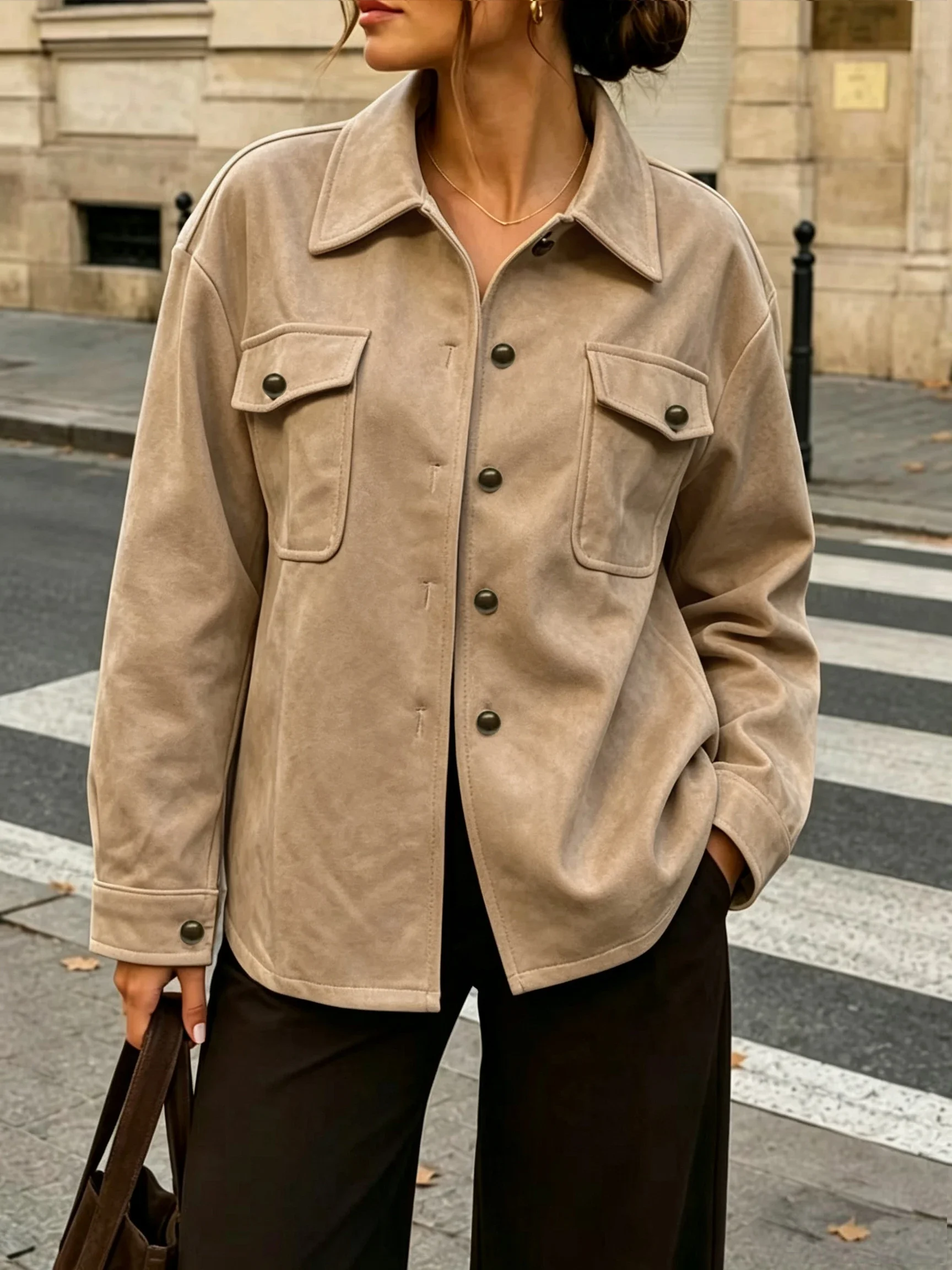 Women Faux Suede Shirt Jacket Turn‑Down Collar Long Sleeve Button Front Flap Pockets Loose Shacket Coat