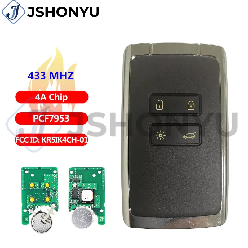 

JsHonYu Hitag AES 4A Chip 434MHz Smart Remote Card Key for Renault Megane 4 Scenic 4 Koleos 2 4 Button Keyless Go