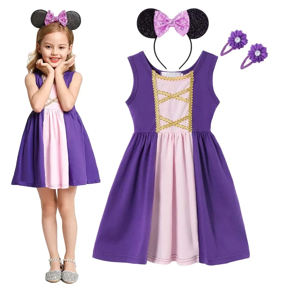 Cute Girls Rapunzel Princess Disney Dress With Headband Summer Clothes Kids Cotton Casual Children Costume