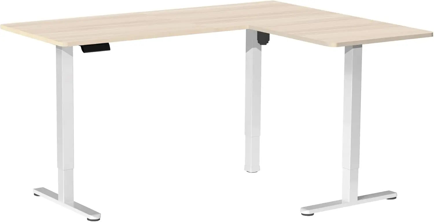 Electric L-shaped 63 x 55 inch standing desk with adjustable height, memory controller, light wood top white frame