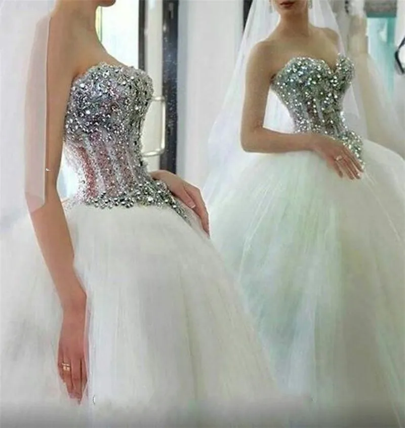 

Luxury Wedding Dresses Sweetheart Crystal Beading Sequins Tulle Princess Bridal Gown Customed Vestidos De Noiva