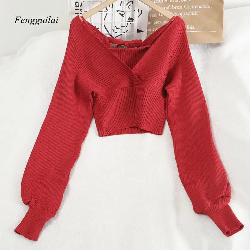 Fake Two Sweater Women 2021 Spring Autumn New V-Neck Full Sexy Knitted Sweaters Korean Short Chic Wild Fashion Pullovers