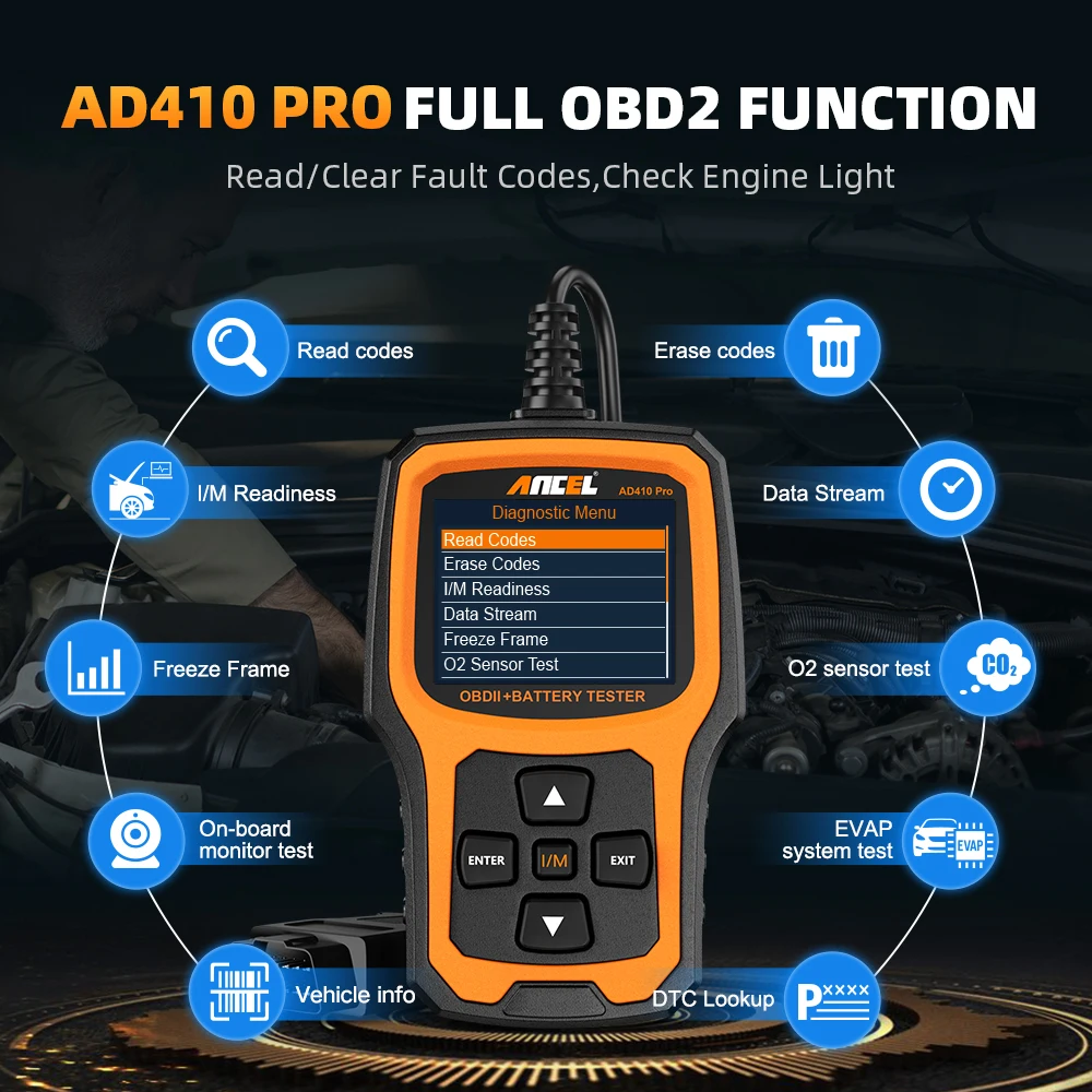 ANCEL AD410 PRO OBD2 Scanner 6V 12V Car Battery Tester 2 in1 Car Diagnostic Scanner Battery Load Tester Check Engine Code Reader