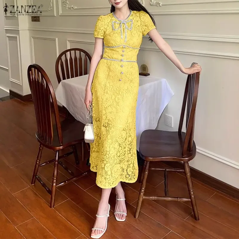ZANZEA 2026 Sommer Spitze Patchwork Sommerkleid Frauen Stilvolle Aushöhlen Party Kleid Elegante Kurzarm Gestickte Arbeit Midi Robe