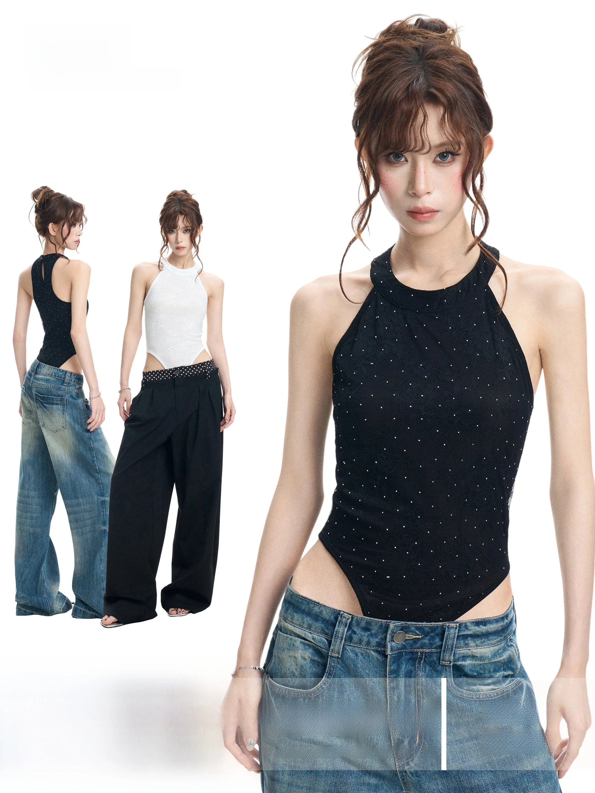 Black Polka Dot Halter Neck Lace Design Slim Fit Sleeveless Top for Women Summer Fashionable Camisole Tank Top by evPgb