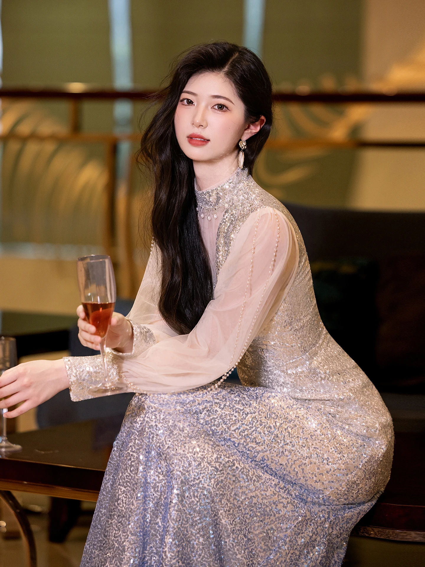 

Ele adual Color Evening Dr Women's Faionable Adult Ceremony Host Long Sve Floor Length Polyester Fabric