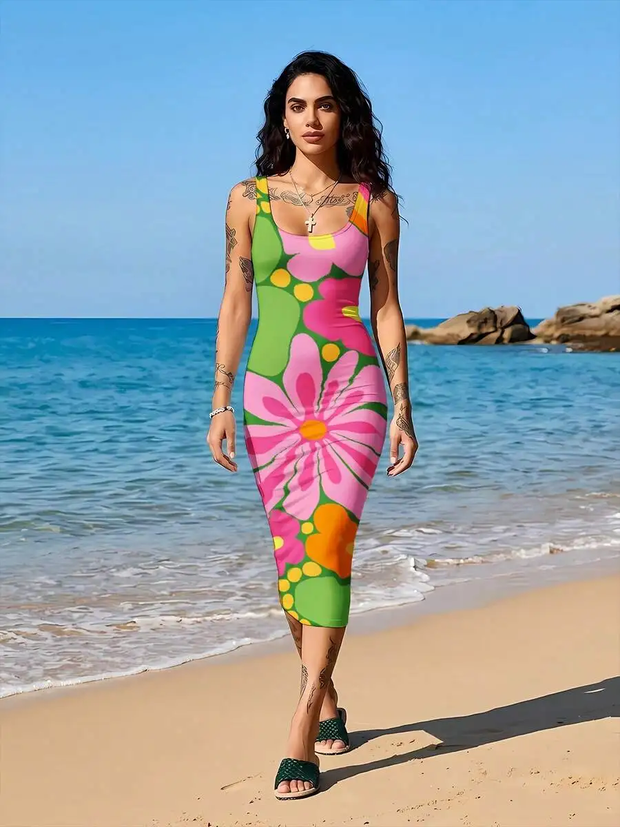 

Floral Print Womens Bodycon Sleeveless Knee Length Dress Summer Beach Casual Wear