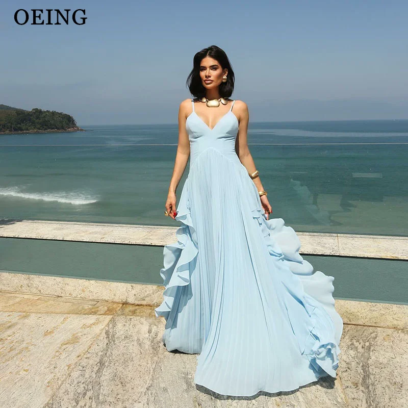 

OEING Simple A-Line Prom Dresses Sky Blue V-Neck Ruched Floor-Length Sleeveless Party Gowns שמלות ערב Customized