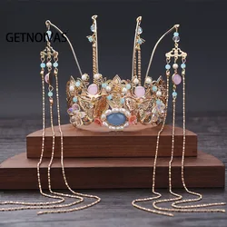 Antique Hanfu Phoenix Headdress Gold Color Wedding Bridal Hair Accessories Traditional Classic Bridal Headwear Tiara Crown