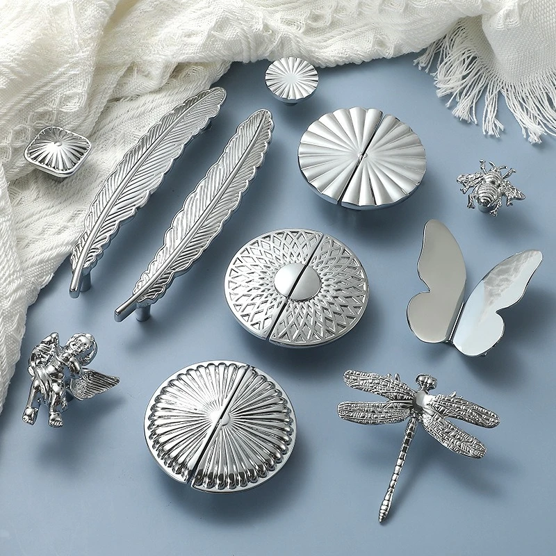 Chrome-plated brass French-style wardrobe door feather bright silver solid copper single-hole angel dragonfly drawer handle