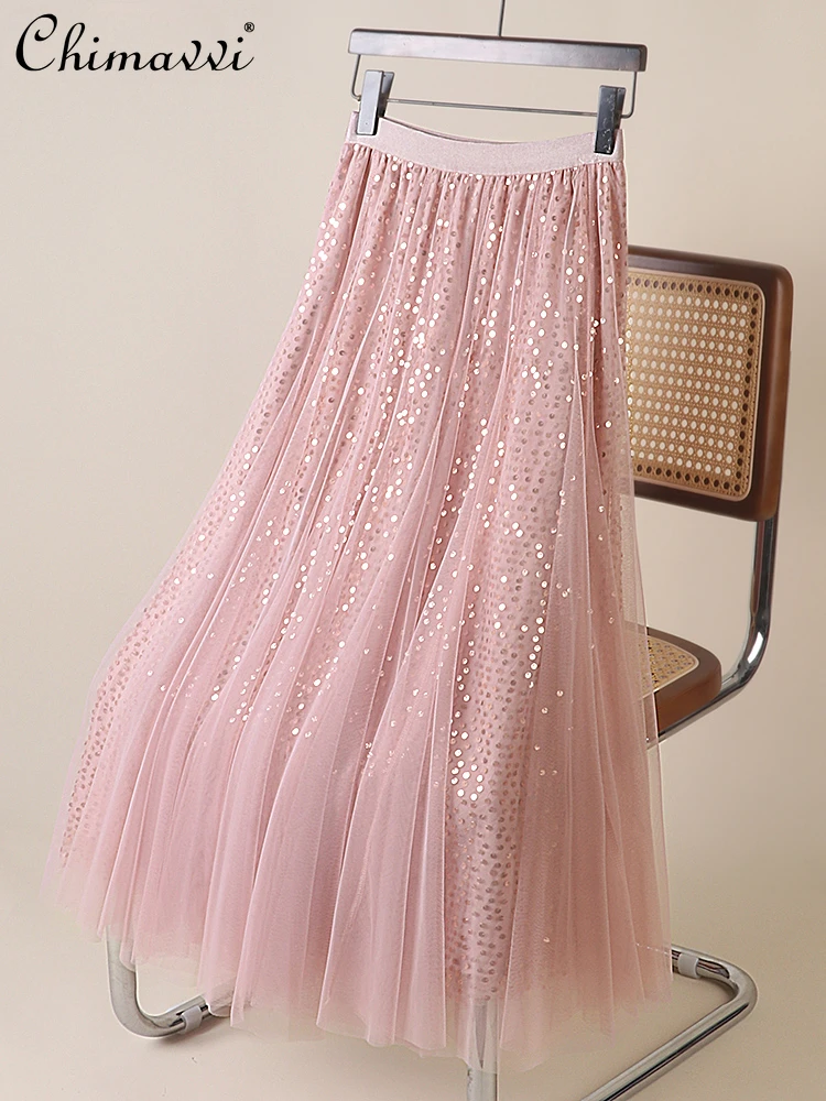 

French Elegant Fairy Style Mesh Sequins Skirt Women's Summer 2024 Casual Commute High Waist A-line Big Swing Draping Long Skirt