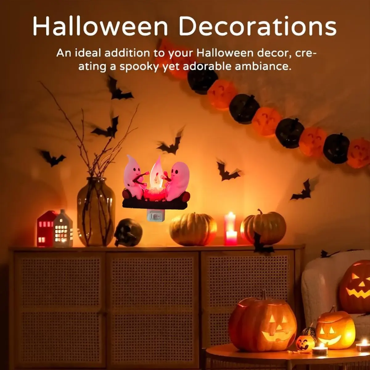 ABMO Ghost Campfire Flickering Night Light Flame Halloween Nightlight 3D LED Small Faux Campfire Night Light Decor US Plug