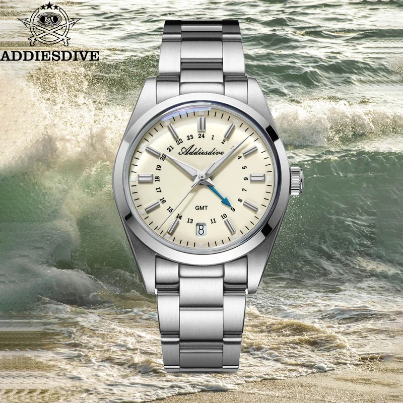 ADDIESDIVE 36mm GMT Quartz Watch Bubble Mirror Pot Cover Glass Waterproof Men's Watch Stainless Steel Simple Diver Watch For Men
