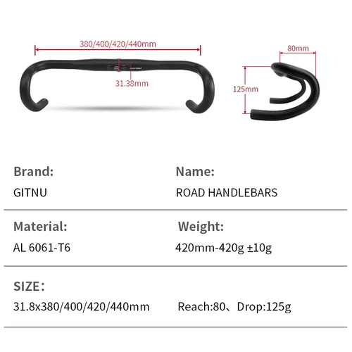 Imagen 2 del producto GITNU Manillar de carretera para bicicleta de aleación de aluminio 25,4/31,8x380/400/420/440mm