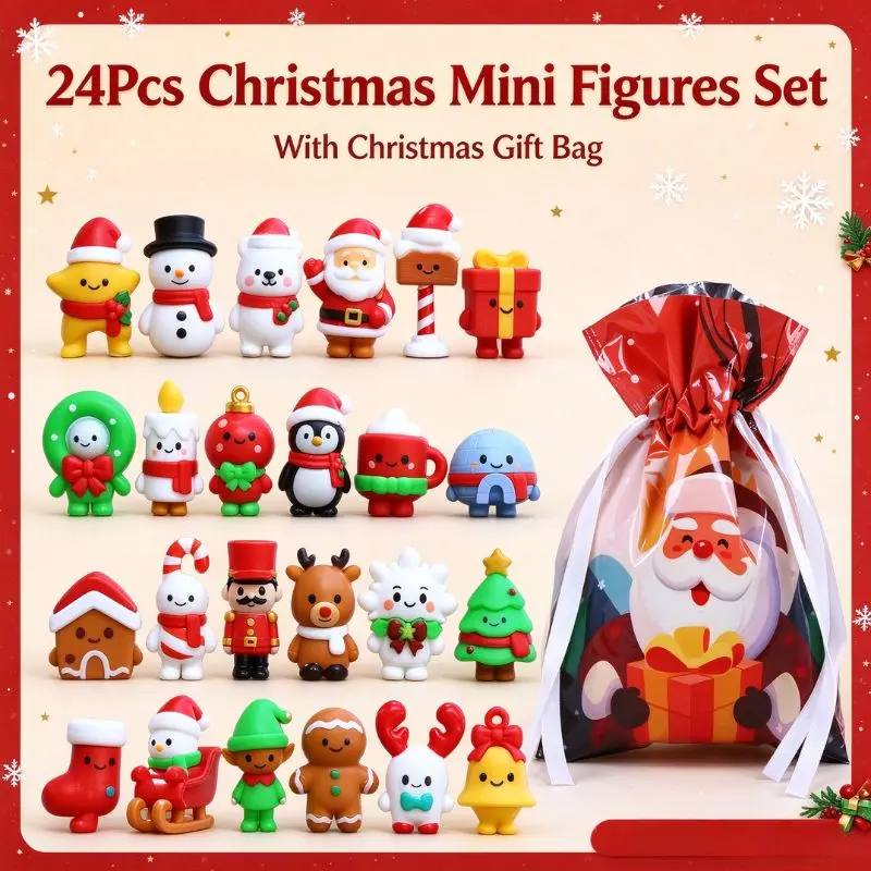 Set de mini figuras navideñas en bolsa sorpresa, de 5 a 24 piezas, con diseños aleatorios de Papá Noel y muñecos de nieve, en una bolsa de regalo con cordón, ideal para fiestas infantiles, como detalle navideño o juguete sorpresa.
