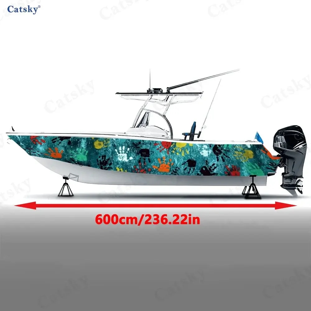 2Pcs Colorful Handprint Boat Hull Decal, Vibrant Multicolor Design for Watercraft, Long-Lasting Weatherproof Vinyl