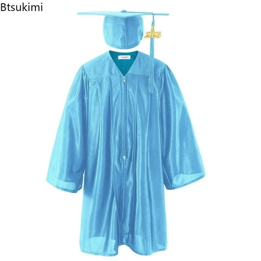 2026 Children Graduation Costume Kindergarten Bachelor Gown Academic Uniform Boy Girls Photography Performance Robe Hat Set Kids