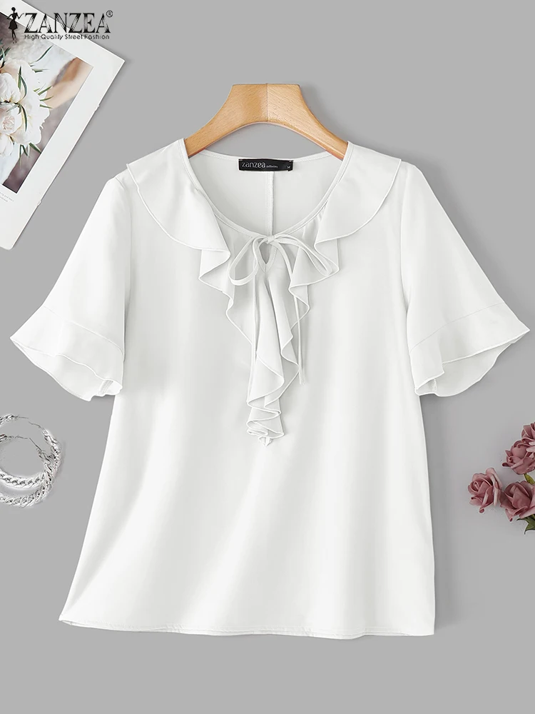 ZANZEA Casual Ruches Blouse Vrouwen Zomer Tops Vintage Lace-Up Blusas 2025 Fashion Hollow Out Effen Kleur Tuniek oversized