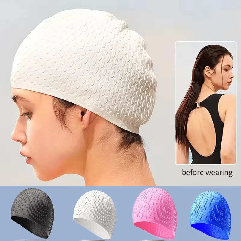 Waterproof Silicone with Droplet Print, Unisex for Pool & Beach Swimming Cap, 1pc Fashion Swim Cap for Long Curly Hair