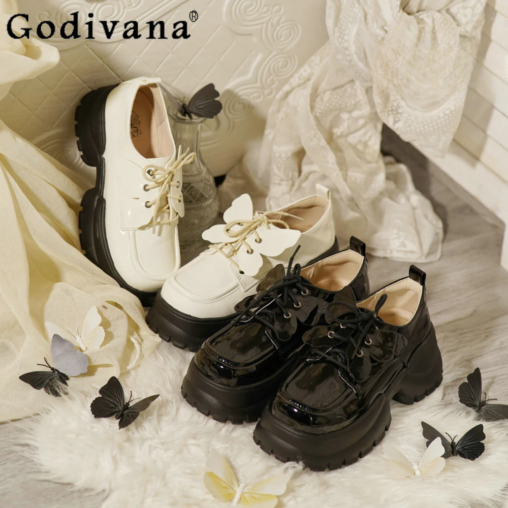 

Leather Shoes Lolita College Style JK Platform Lace-up Single Shoe Female Butterfly Removable Girls Heels