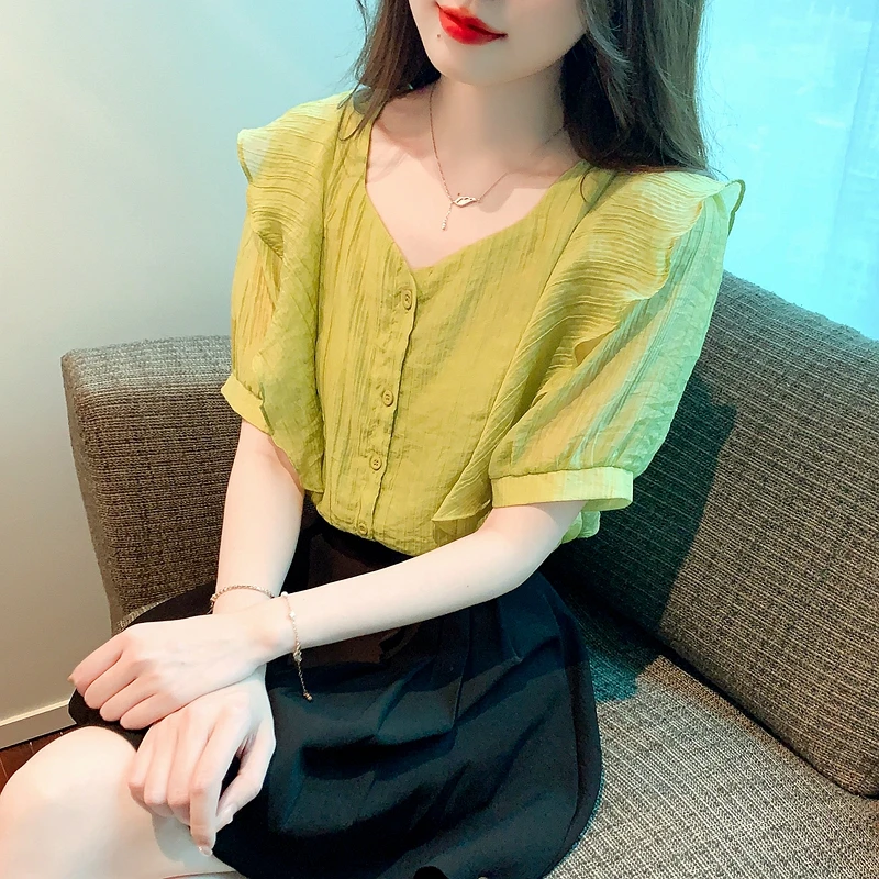 Casual Fashion Square Collar Ruffled Blusa Women's Summer New Blouse Chiffon Short Sleeve Shirt