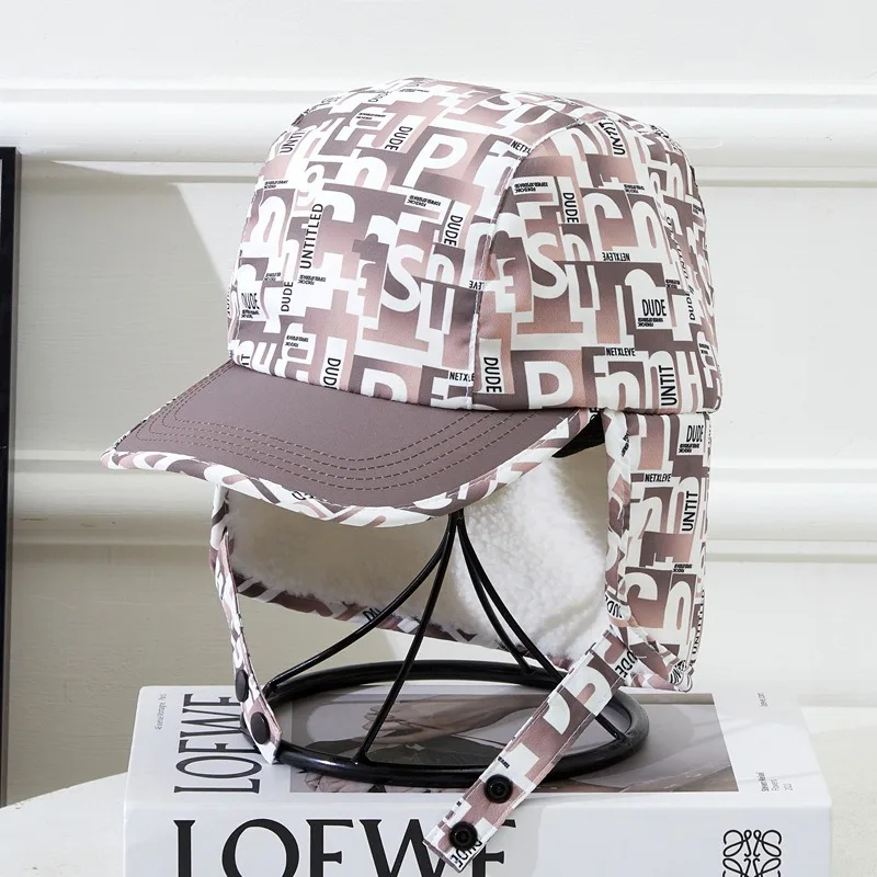 Autumn Winter Letter Print Ear Protection Lei Feng Hat Fleece Thickened Windproof Baseball Cap Warm Outdoor