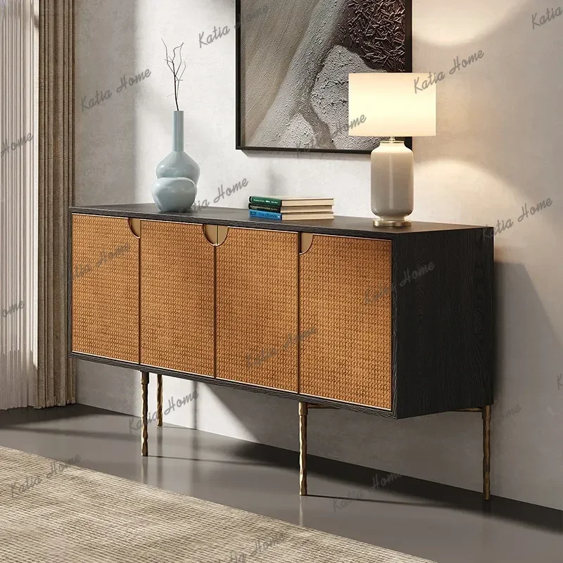 YJ Retro Rattan Storage Living Room Cabinet Home Wabi-Sabi Style Reinforce Cabinet Nordic Designer Solid Wood Furniture Mueble L