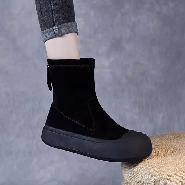 

Street Style Thick Bottom Elastic Boots Short Skinny Sock Boots Leather Sheepskin Fashionable Comfortable round Toe Mid-Calf