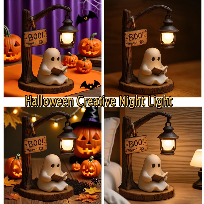 Halloween Creative Night Light Reading Ghost Ornament Cute Ghost Reading Light Room Decoration Resin Crafts