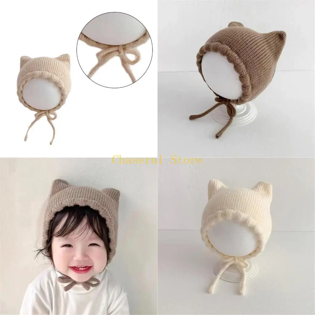 

E7CE Soft Knit Hat for Infants Solid Color Cap with Ears Pattern for Autumn & Winter